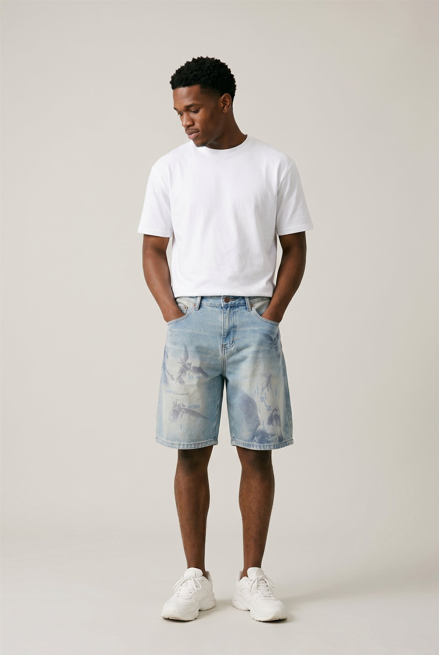Pocket detail close-up of the denim jorts — ASOS-style e-commerce shot
