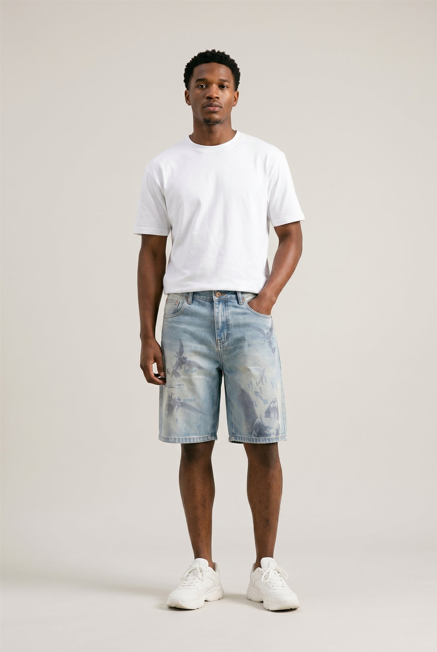 Denim jorts e-commerce front shot — clean studio backdrop, ASOS-style