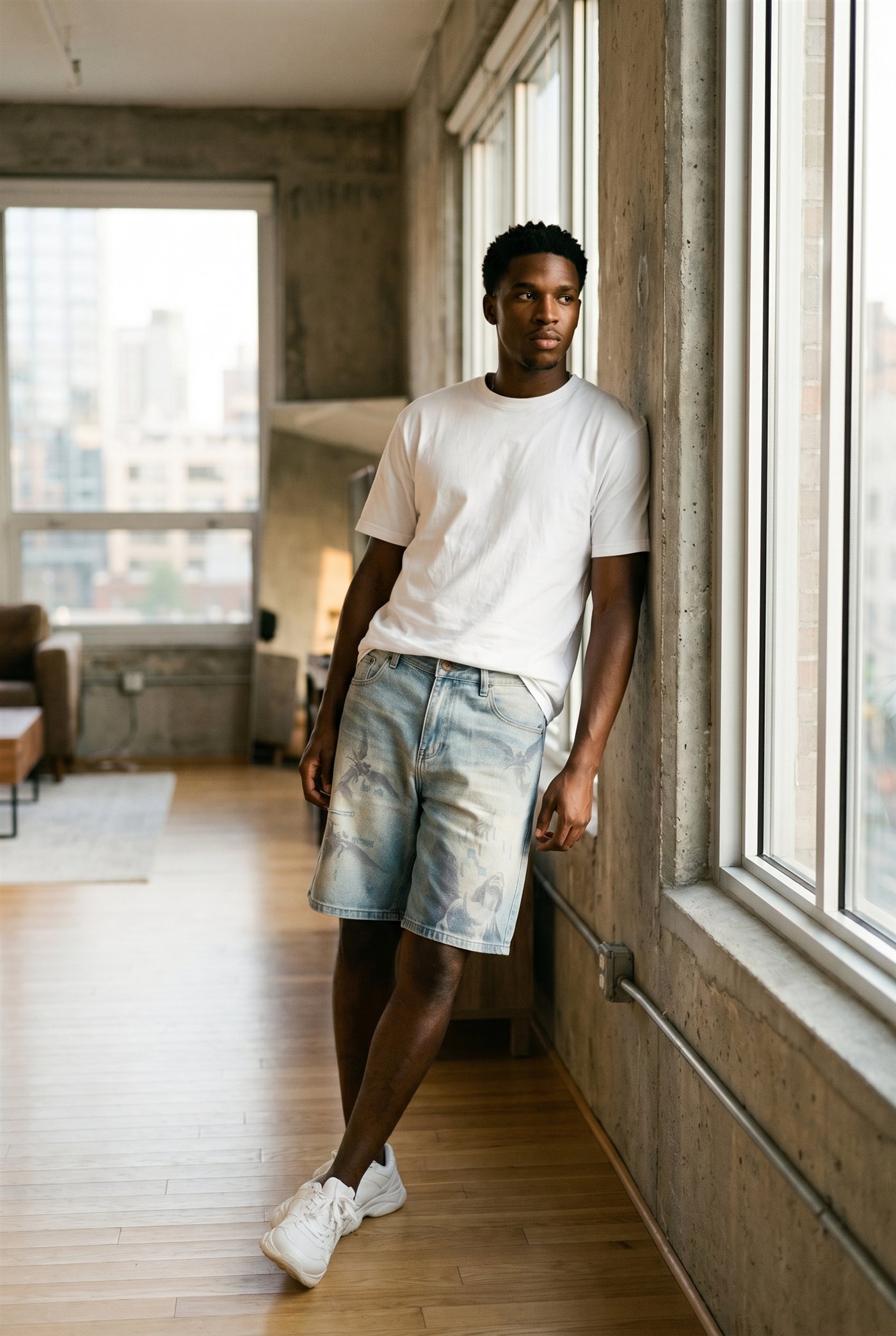 Model in denim jorts in an industrial loft with a city view