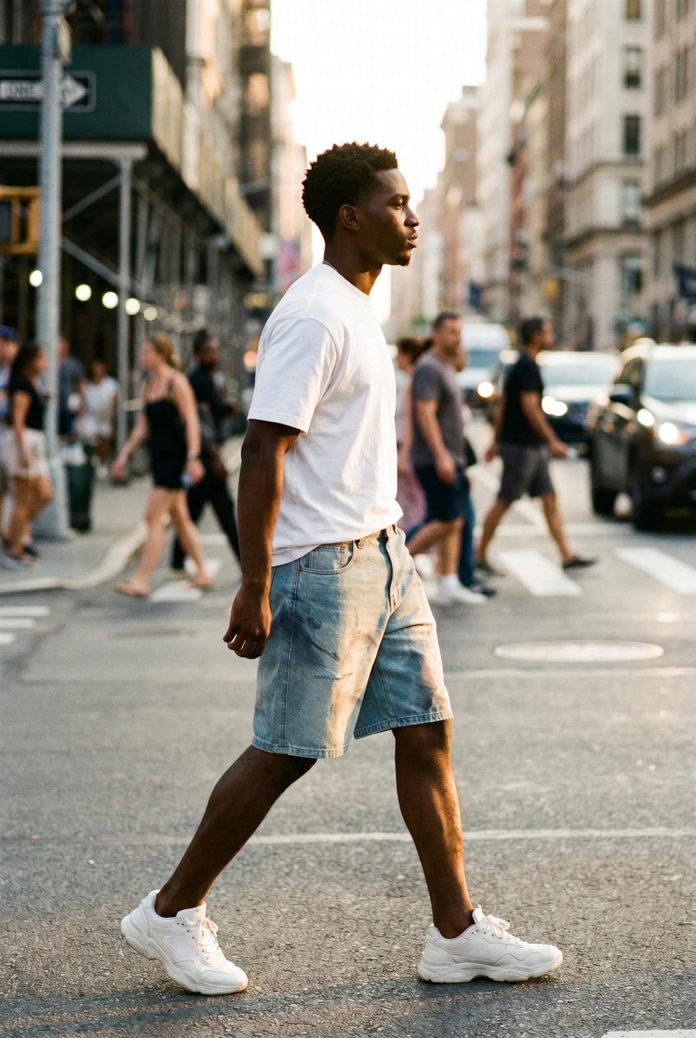 Streetwear photography for Uberboy Trend — model walking a NYC street in denim jorts
