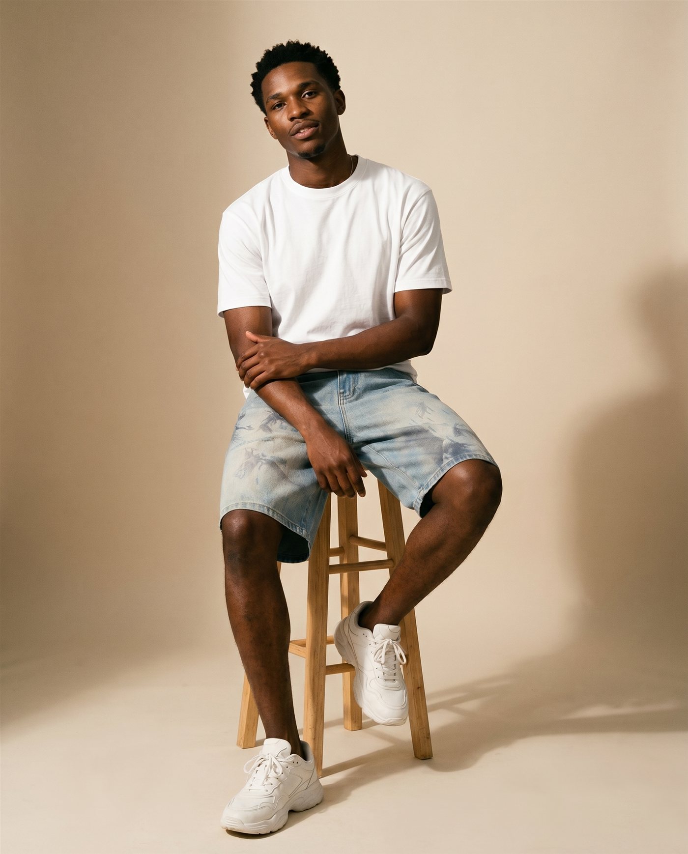 Model in denim jorts photographed seated in a clean studio