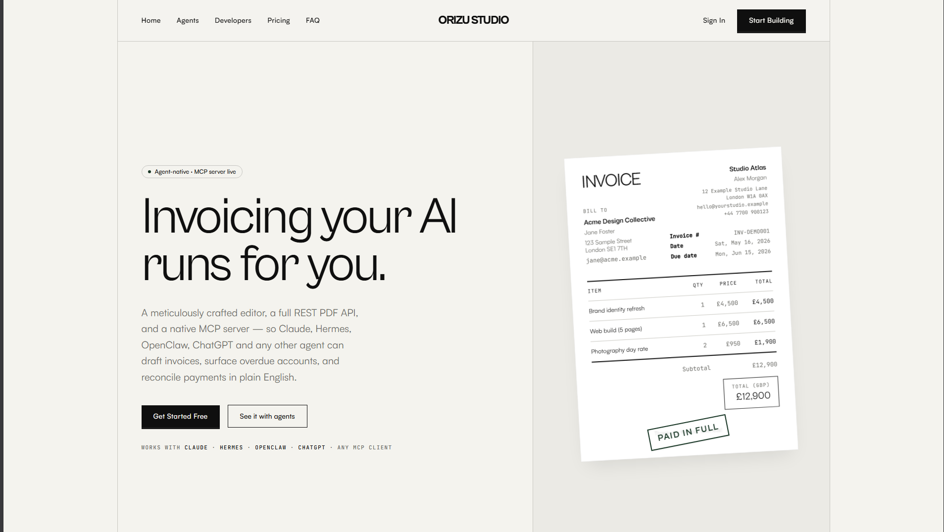 AI Invoice Generator product landing page
